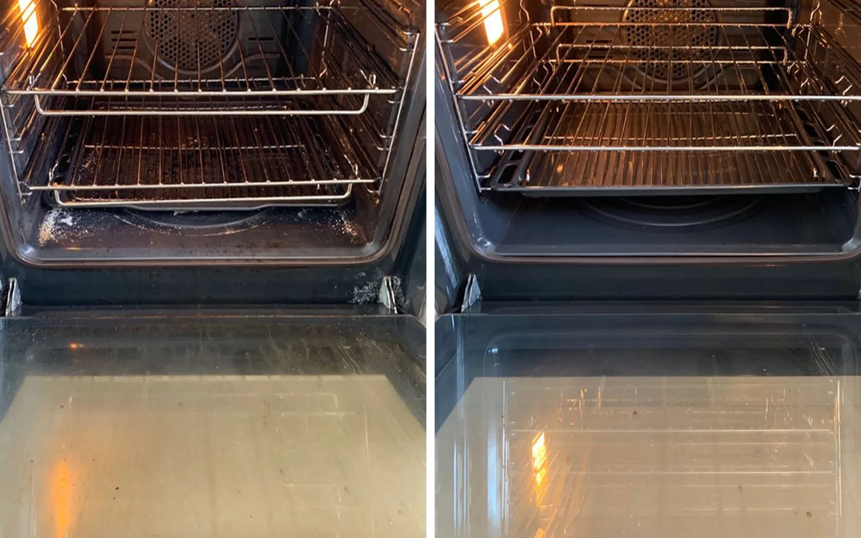 Side-by-side before and after view of an oven cleaned for a Perth rental handover